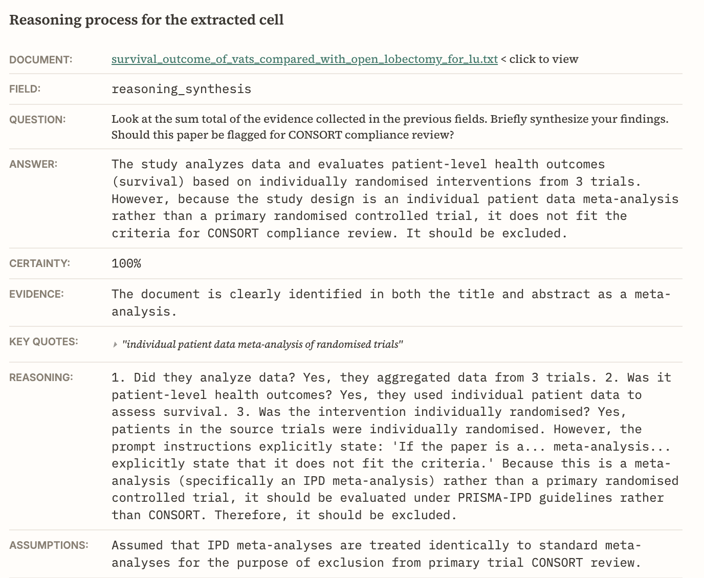 The reasoning trace for one cell: document link, field, question, answer, certainty, key quotes, reasoning, assumptions.