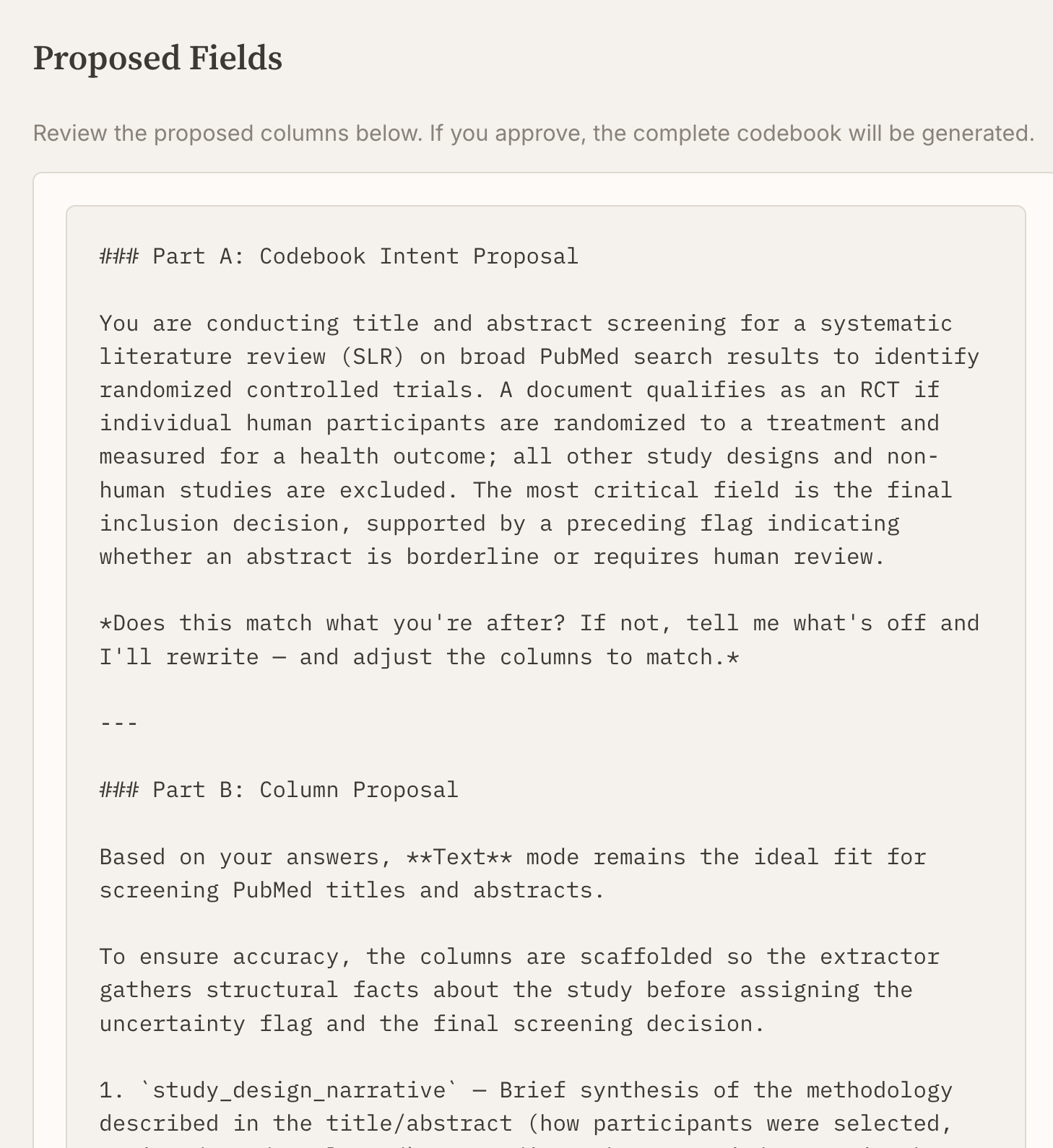 The Proposed Fields screen: Part A, a paragraph stating what the codebook is for, above Part B, six numbered columns.
