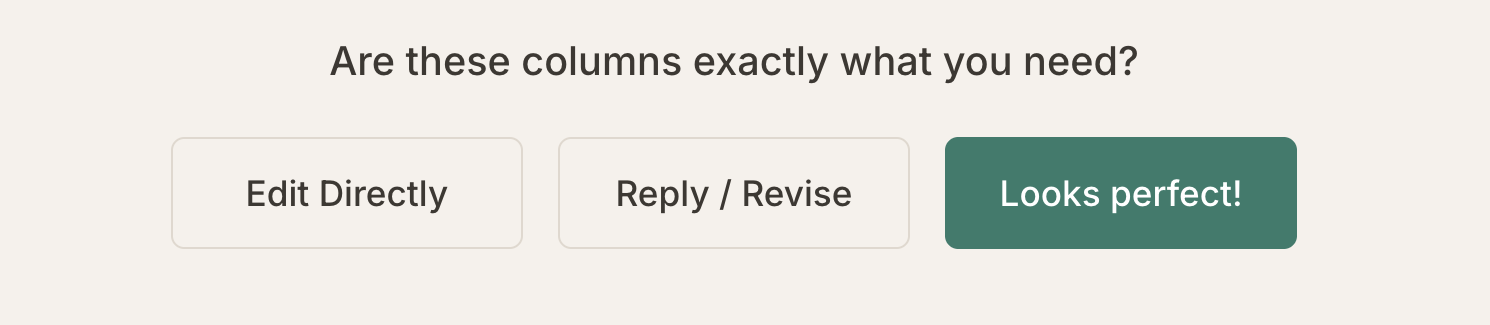 Three buttons under the proposed columns: Edit Directly, Reply / Revise, and Looks perfect!