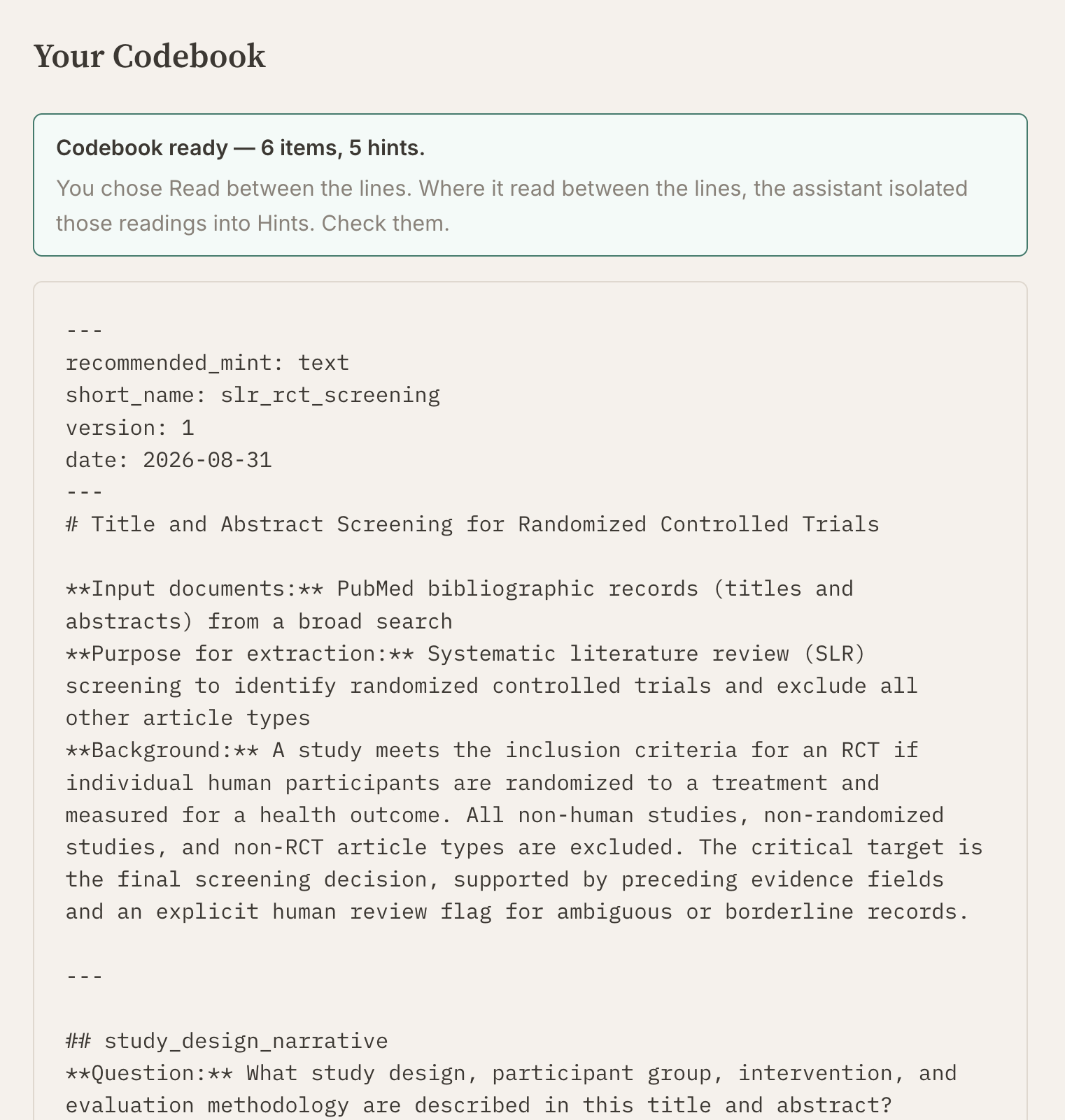 The Your Codebook screen: a banner reading Codebook ready, 6 items, 5 hints, above the codebook in plain text.