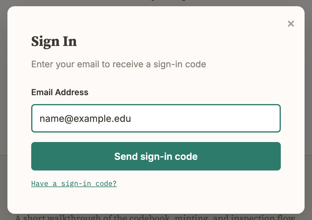 The Sign In dialog with an email address typed in and a green Send sign-in code button below it