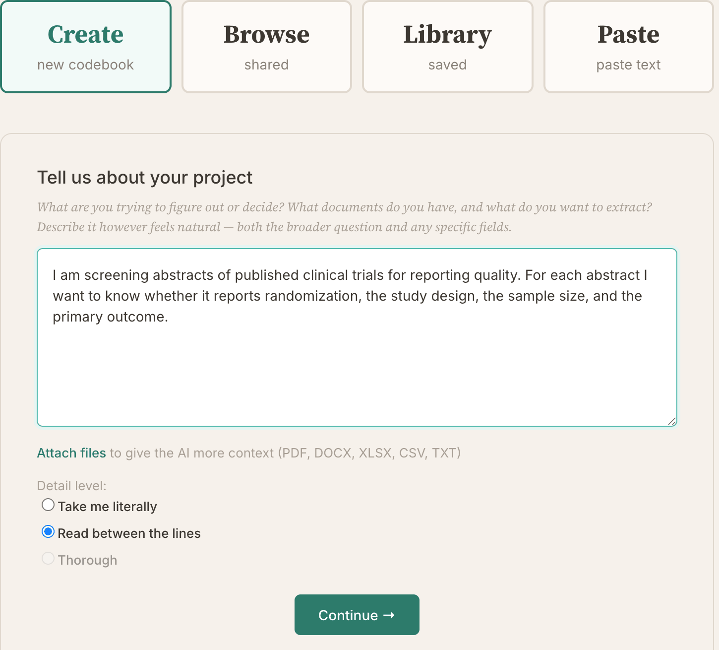 The Make Codebook step with the Create tab selected. The Tell us about your project box holds a short description of a trial-abstract screening project, with Detail level options and a Continue button below