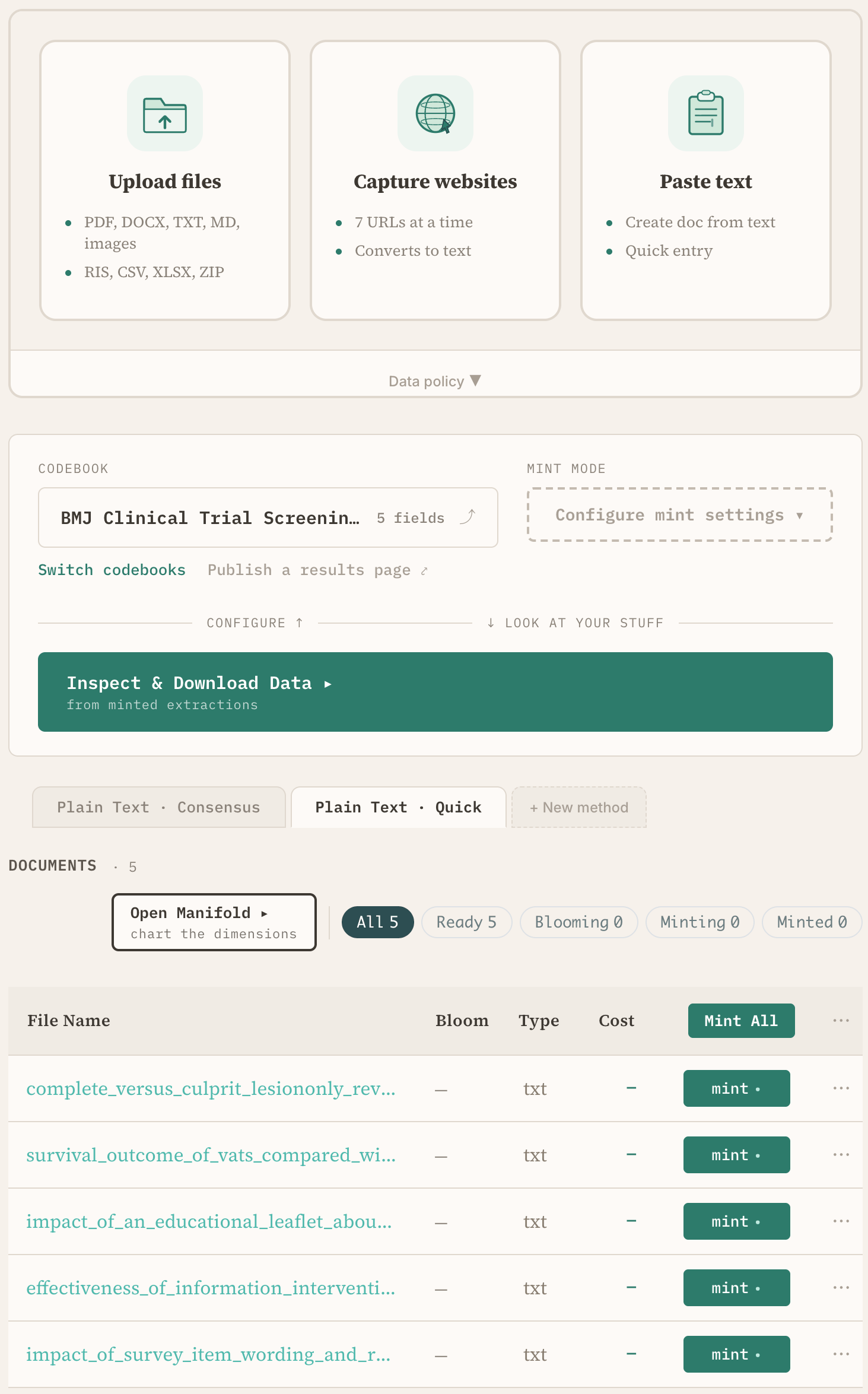 The minting page with three upload cards for uploading files, capturing websites and pasting text, the chosen codebook and Configure mint settings button, and a list of five documents each with a mint button