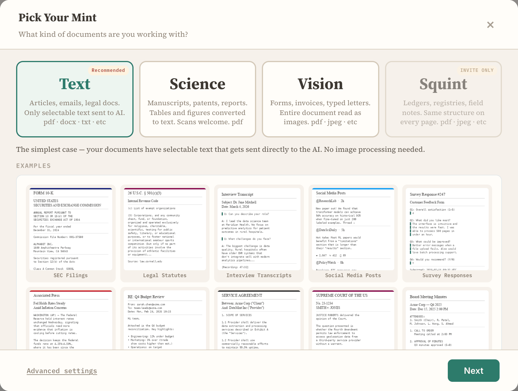 The Pick Your Mint dialog with four cards, Text, Science, Vision and Squint, and the Text card selected