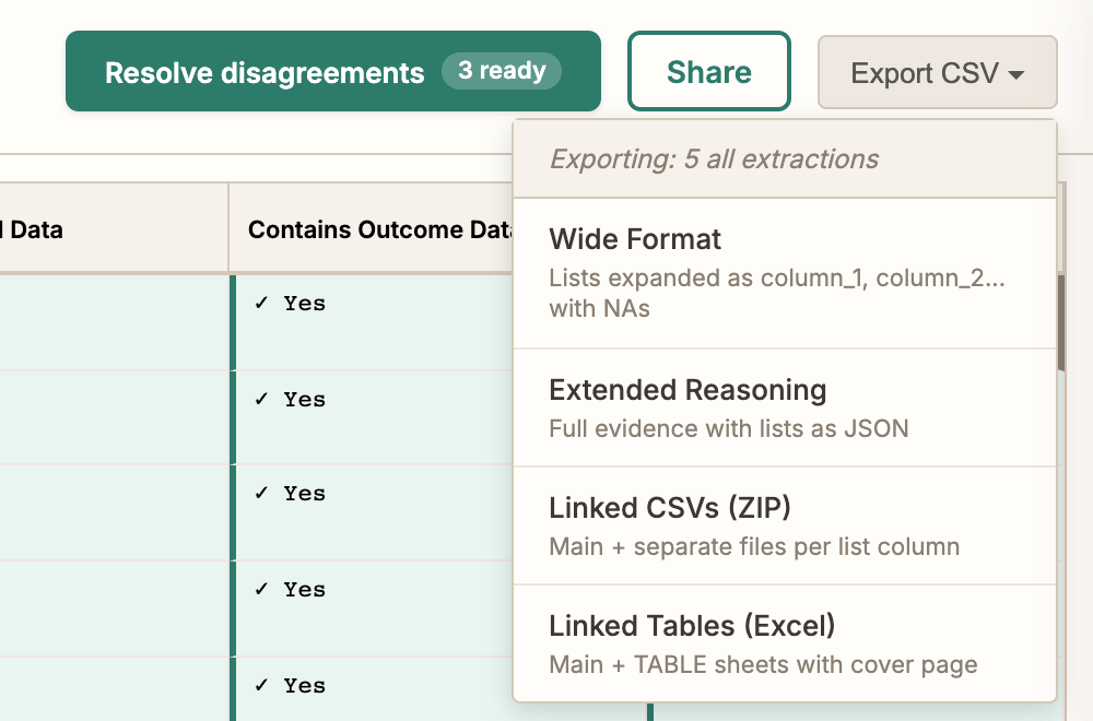 The Export CSV menu open on the inspection page, listing Wide Format, Extended Reasoning, Linked CSVs (ZIP) and Linked Tables (Excel)