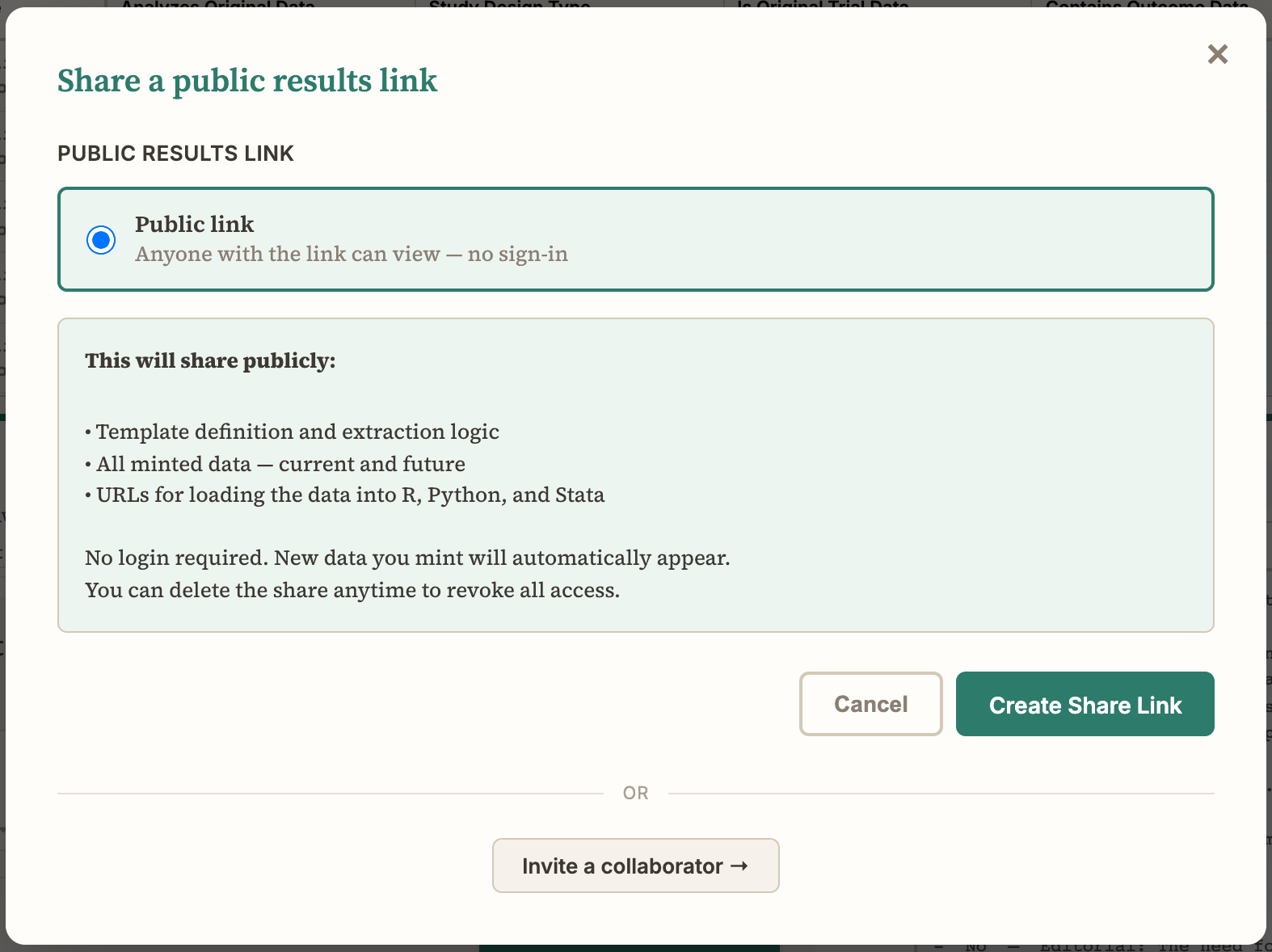 The Share a public results link dialog, with the Public link option selected, a list of what will be shared, and Cancel and Create Share Link buttons
